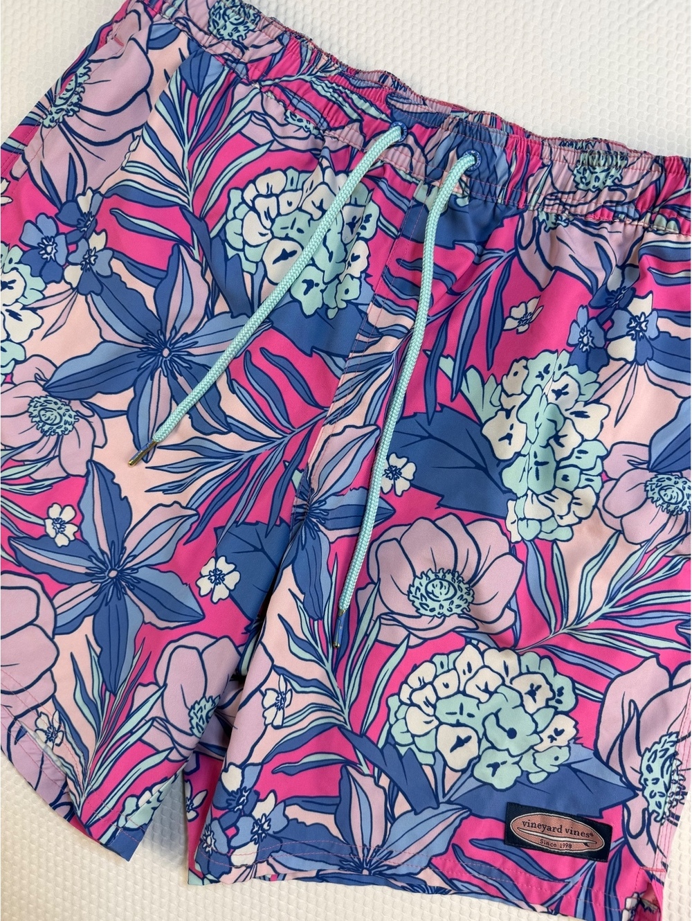 Vineyard Vines Chappy Men’s Floral Swim Trunks Pink Blue Drawstring L 32 Waist